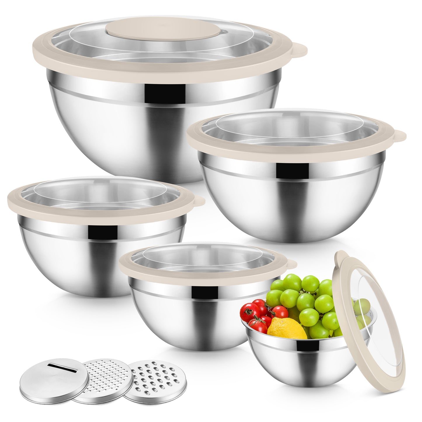 Vesteel Mixing Bowls with Lids Set of 5, Stainless Steel Prep Bowls with Upgraded Airtight Visible Lid, Metal Nesting Bowl Attach with 3 Graters for Kitchen Grating/ Shredding / Mixing - Khaki