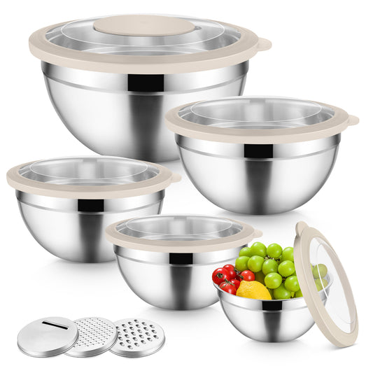 Vesteel Mixing Bowls with Lids Set of 5, Stainless Steel Prep Bowls with Upgraded Airtight Visible Lid, Metal Nesting Bowl Attach with 3 Graters for Kitchen Grating/ Shredding / Mixing - Khaki