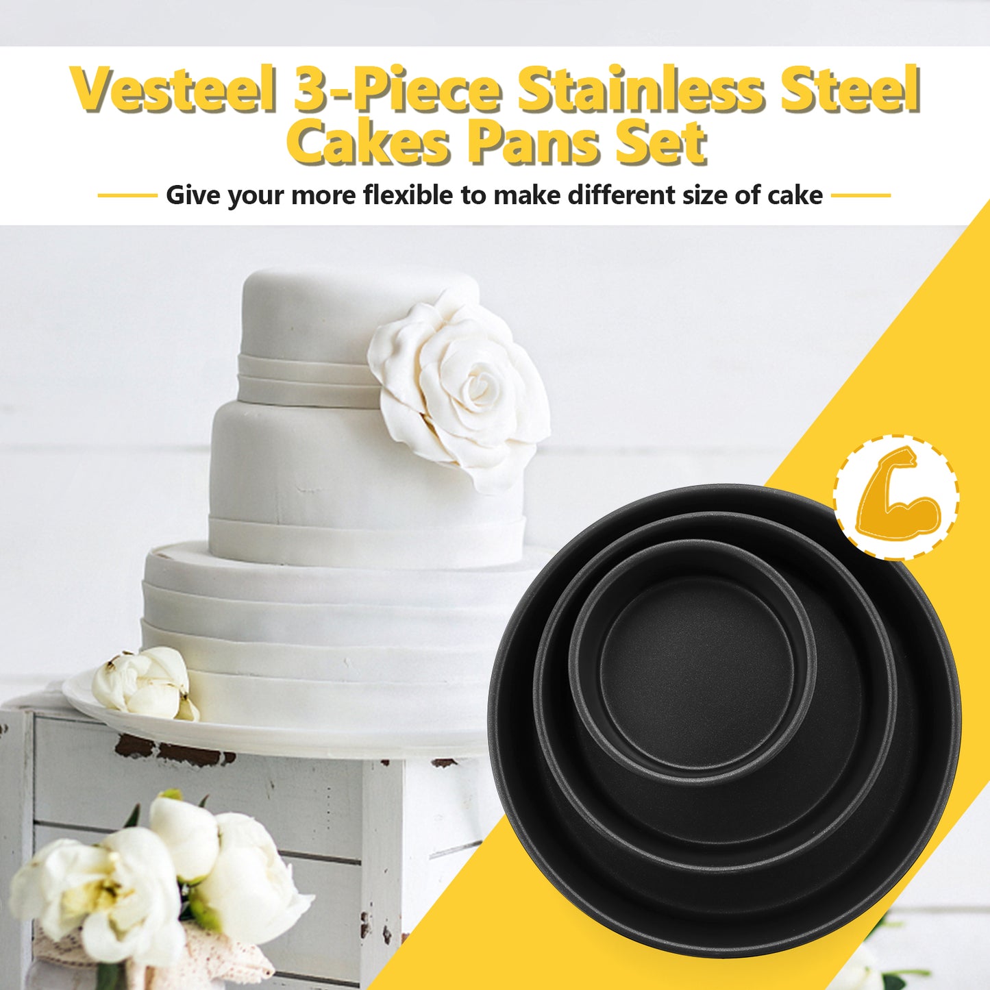 Vesteel Cake Pan Set of 3 (4 /6 /8 inch), Stainless Steel Small Medium Round Layer Cake Baking Pans for Tier Smash Cake, Nonstick Birthday Cake Pans