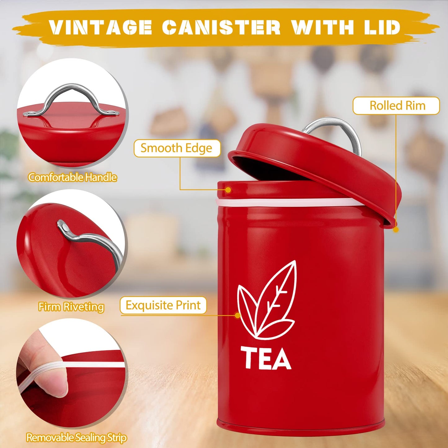 Vesteel 3 Piece Kitchen Canisters for Kitchen Counter, Sugar Tea Coffee Kitchen Canister Set Food Storage Jars with Bamboo Lids - Red