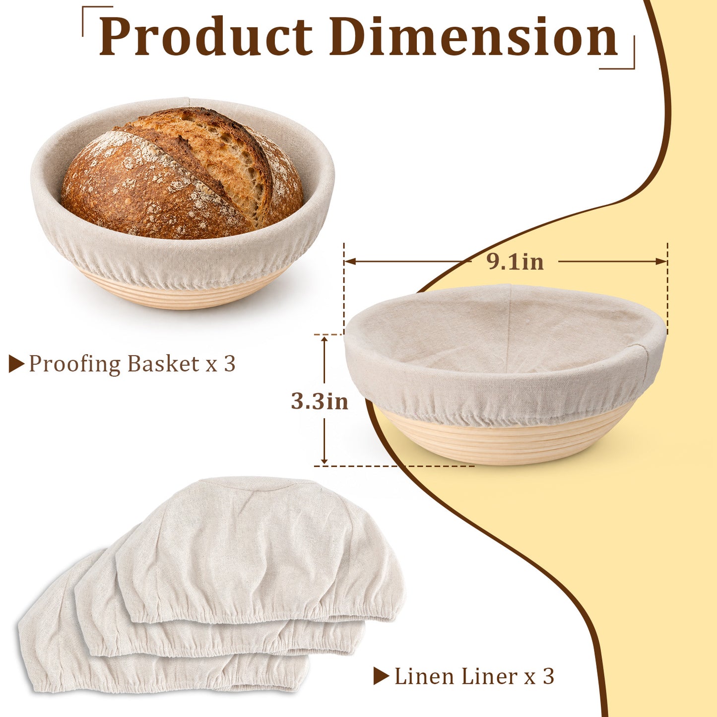 Vesteel Bread Proofing Basket Set of 3, 9 inch Round Banneton Bread Baking Baskets with Liner, Baking Supplies Tools Included for Fermenting Baking Dough