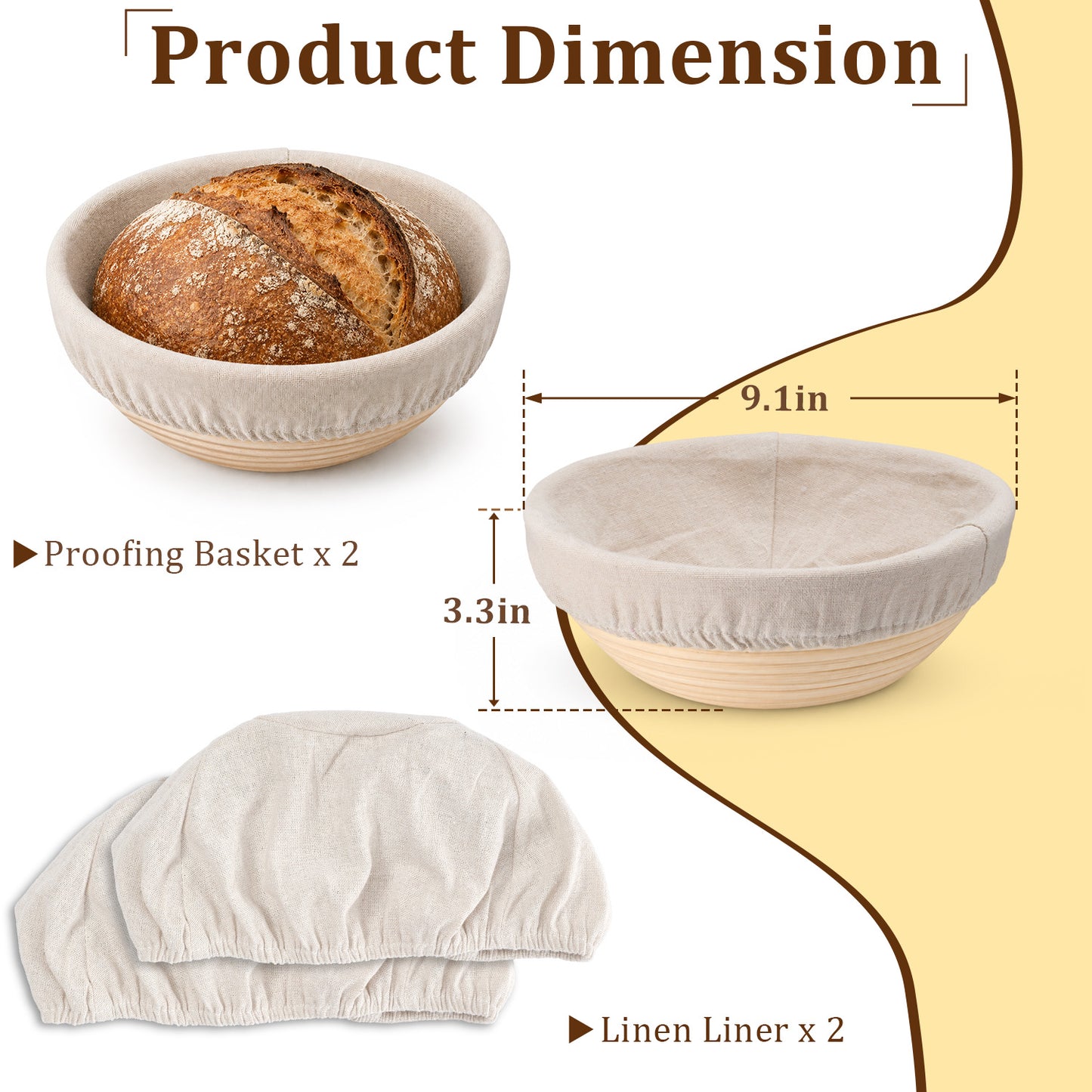 Vesteel Bread Proofing Basket Set of 2, 9 inch Round Banneton Bread Baking Baskets with Liner, Baking Supplies Tools Included for Fermenting Baking Dough