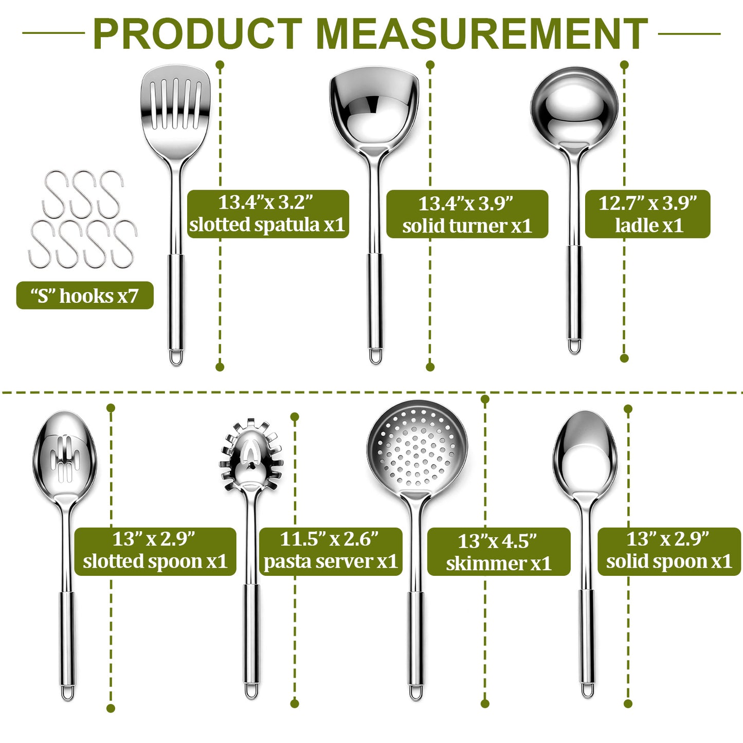 Vesteel 14-Piece Cooking Utensils Set, Stainless Steel Kitchen Utensils with Hooks, Non-stick Cookware Set Include Pasta Server, Skimmer and Spatula, Heat Resistant & Dishwasher Safe