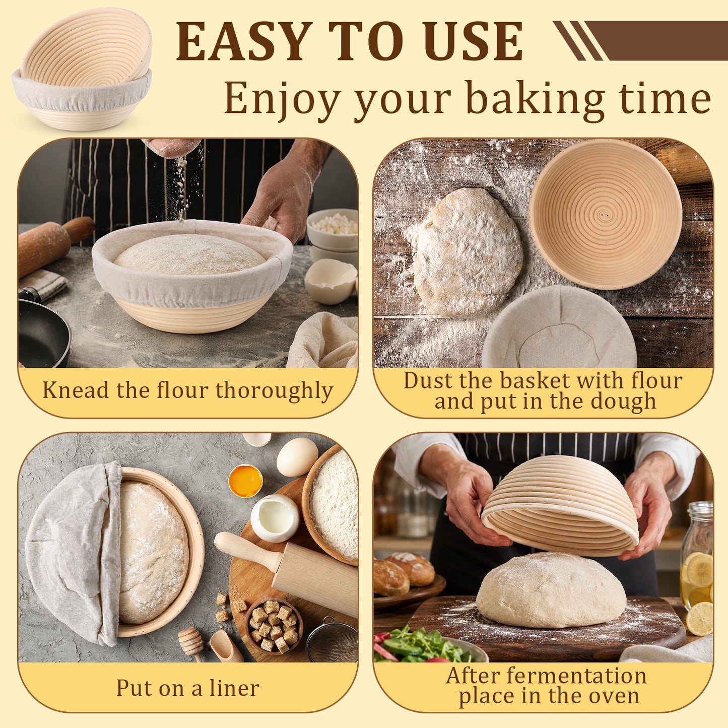 Vesteel Bread Proofing Basket Set of 2, 9 inch Round Banneton Bread Baking Baskets with Liner, Baking Supplies Tools Included for Fermenting Baking Dough