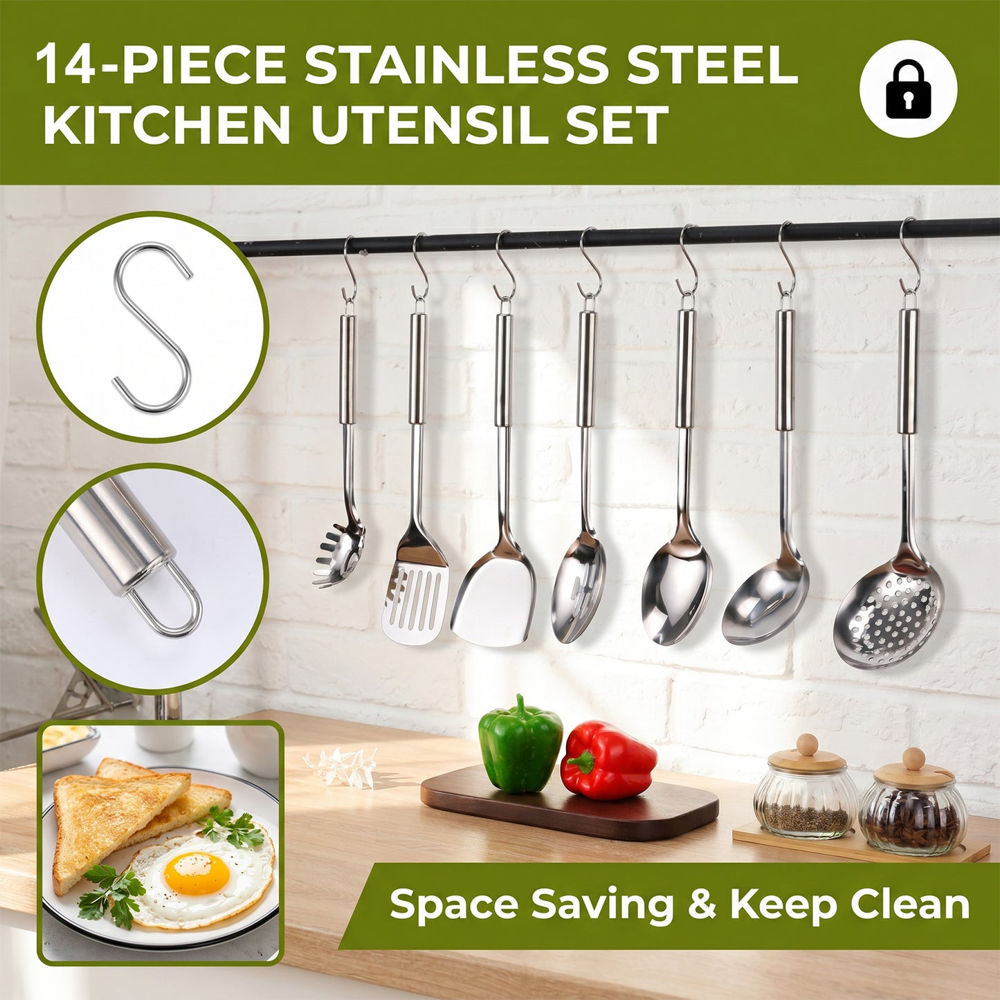 Vesteel 14-Piece Cooking Utensils Set, Stainless Steel Kitchen Utensils with Hooks, Non-stick Cookware Set Include Pasta Server, Skimmer and Spatula, Heat Resistant & Dishwasher Safe