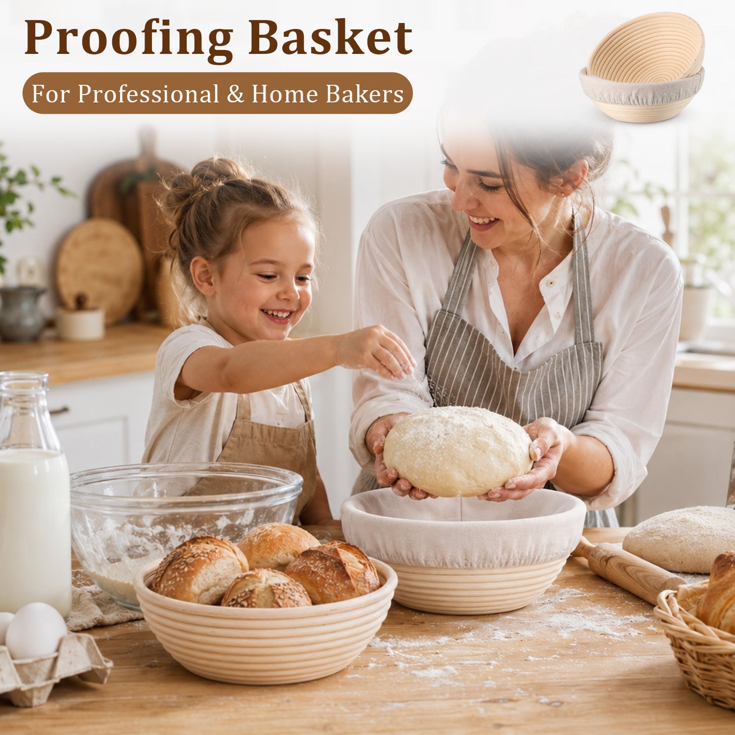 Vesteel Bread Proofing Basket Set of 3, 9 inch Round Banneton Bread Baking Baskets with Liner, Baking Supplies Tools Included for Fermenting Baking Dough