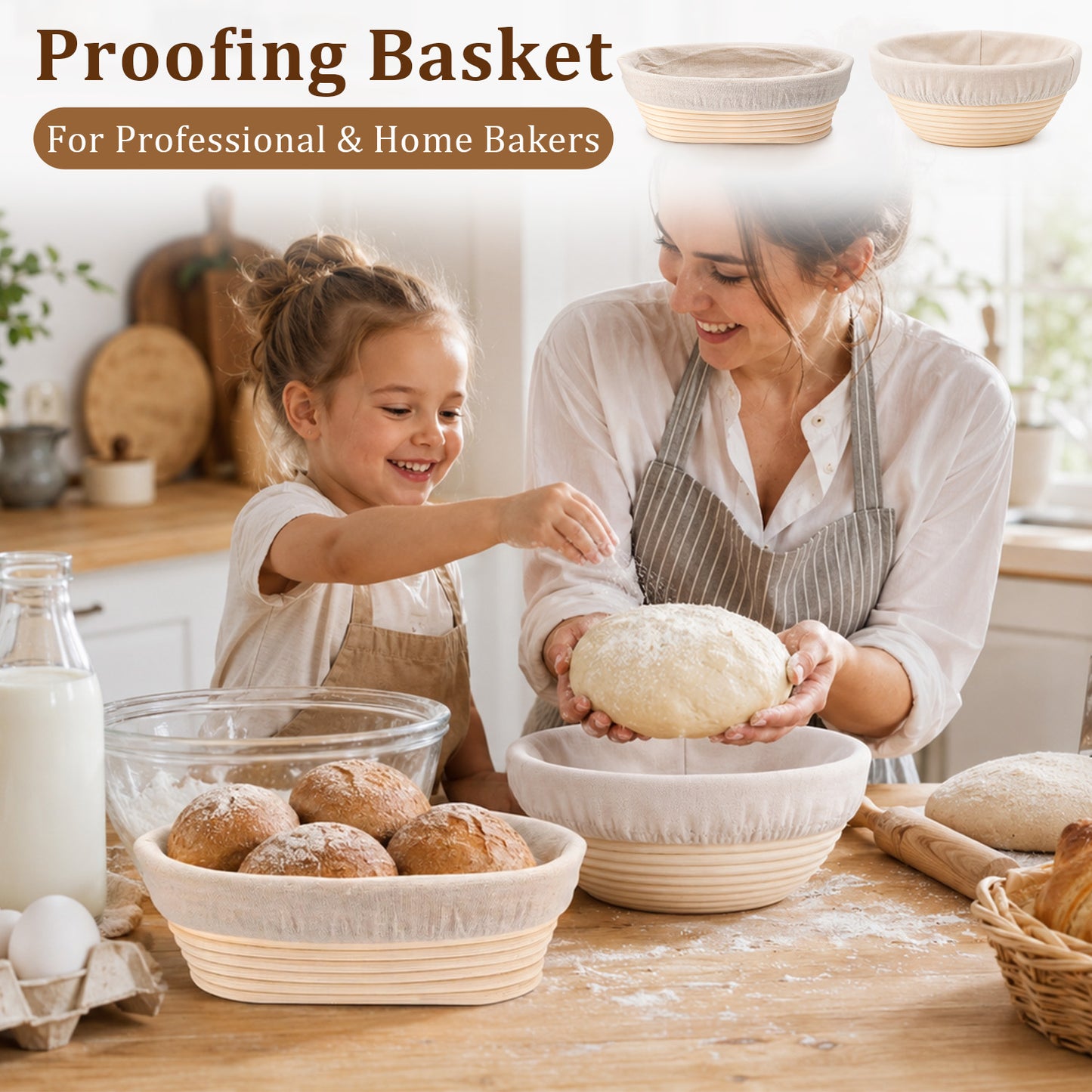 Vesteel Bread Proofing Basket Set of 2, 9” Round and 10” Oval Banneton Bread Baking Baskets with Liner, Baking Supplies Tools Included for Fermenting Baking Dough
