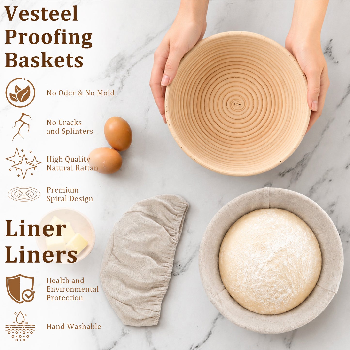 Vesteel Bread Proofing Basket Set of 3, 9 inch Round Banneton Bread Baking Baskets with Liner, Baking Supplies Tools Included for Fermenting Baking Dough