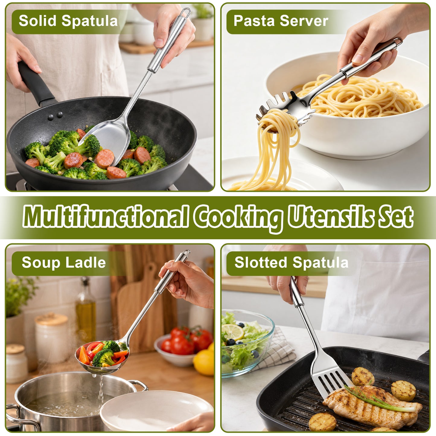 Vesteel 14-Piece Cooking Utensils Set, Stainless Steel Kitchen Utensils with Hooks, Non-stick Cookware Set Include Pasta Server, Skimmer and Spatula, Heat Resistant & Dishwasher Safe