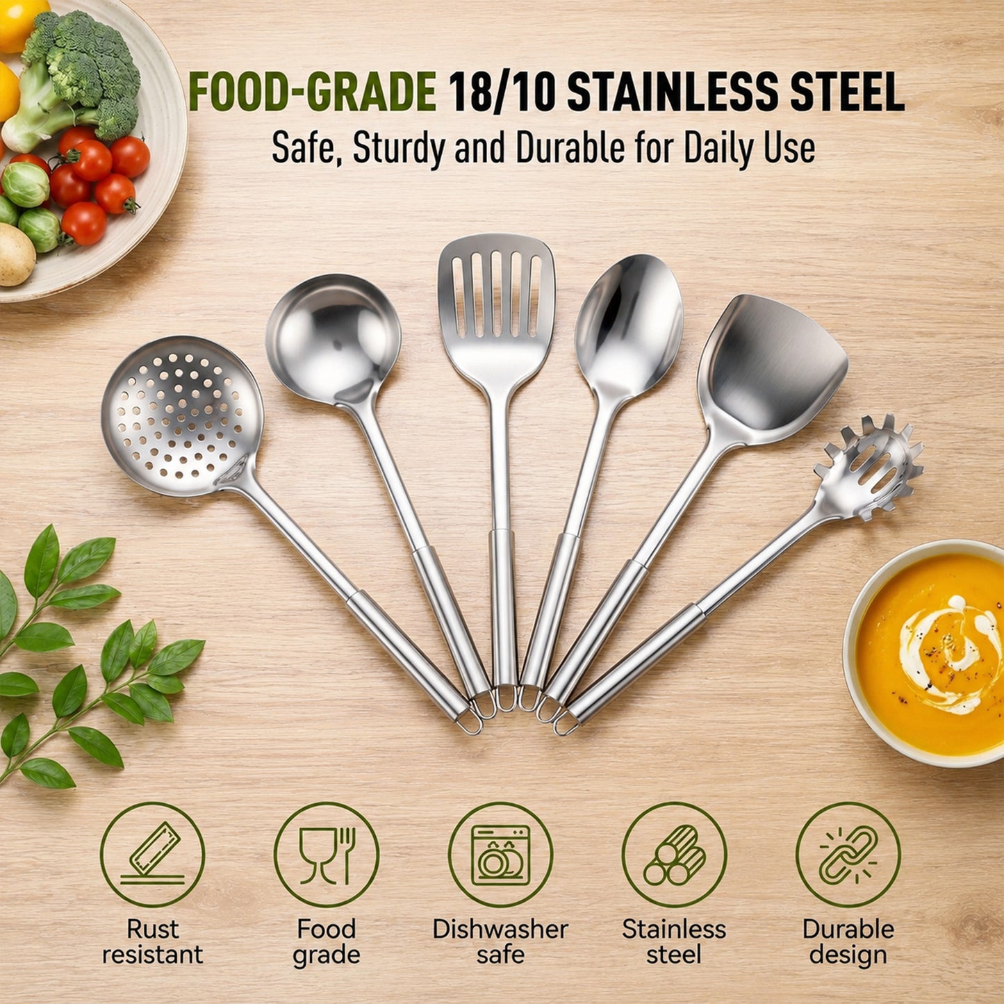 Vesteel 14-Piece Cooking Utensils Set, Stainless Steel Kitchen Utensils with Hooks, Non-stick Cookware Set Include Pasta Server, Skimmer and Spatula, Heat Resistant & Dishwasher Safe