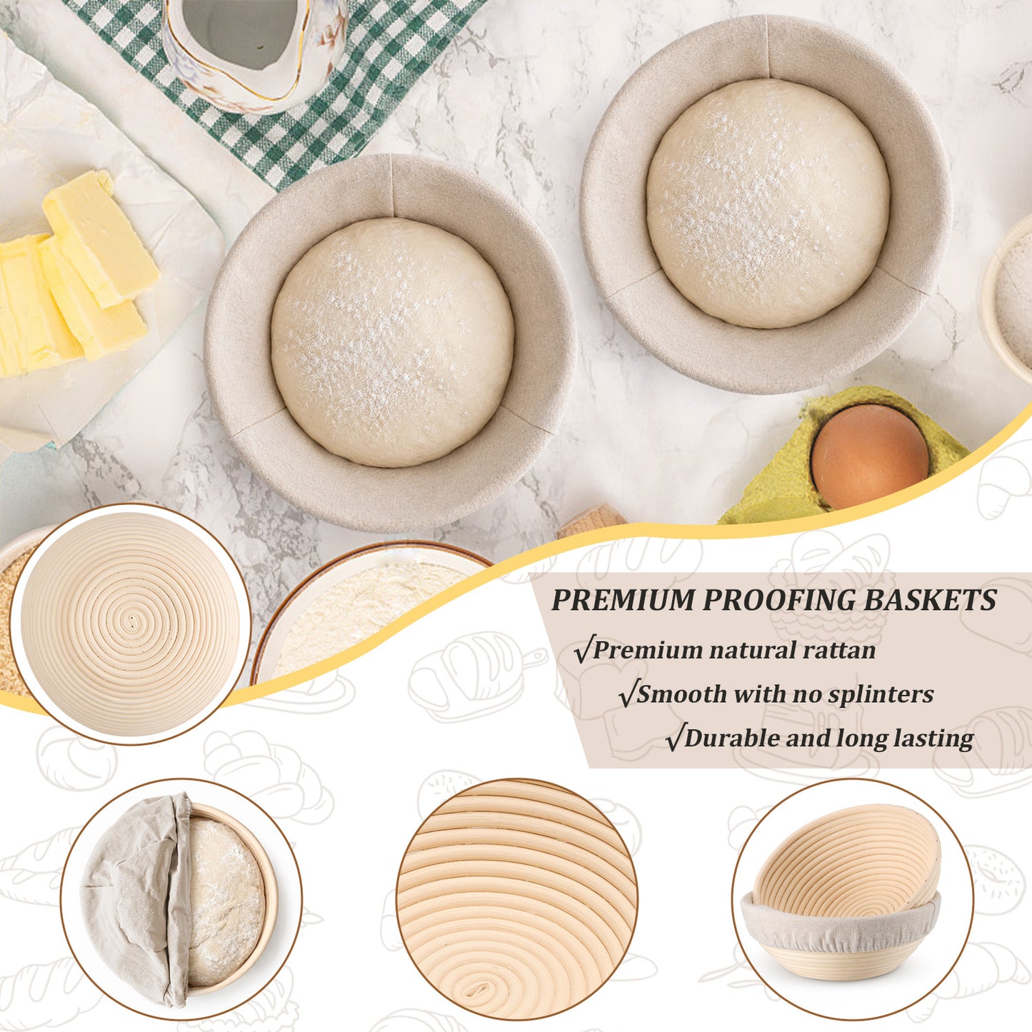 Vesteel Bread Proofing Basket Set of 3, 9 inch Round Banneton Bread Baking Baskets with Liner, Baking Supplies Tools Included for Fermenting Baking Dough